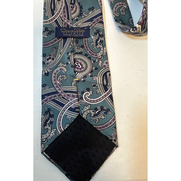 Oscar De La Renta Couture Collection Mens Paisley Silk Necktie Blue & Purple - Picture 5 of 5